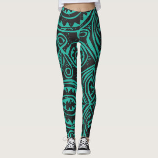 Tiki polynesiskt mönster svart och grönt leggings