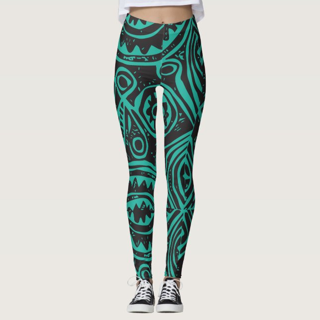 Tiki polynesiskt mönster svart och grönt  leggings (Framsida)
