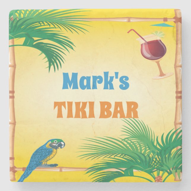 Tiki Pub med Parrots Drininks och Anpassat namn Stenunderlägg (Framsidan)