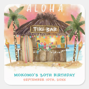 Tiki strandbar Tropiskt hav Födelsedag Fyrkantigt Klistermärke