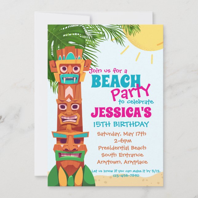Tiki strandfest födelsedagsinbjudan inbjudningar (Framsida)