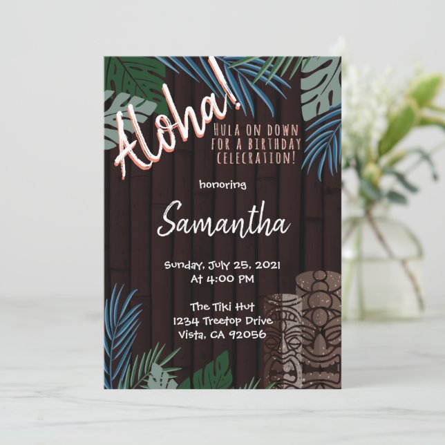 Tiki Theme Brown Hawaiian Bamboo Grönt och Blue  Inbjudningar (Stående Fram)