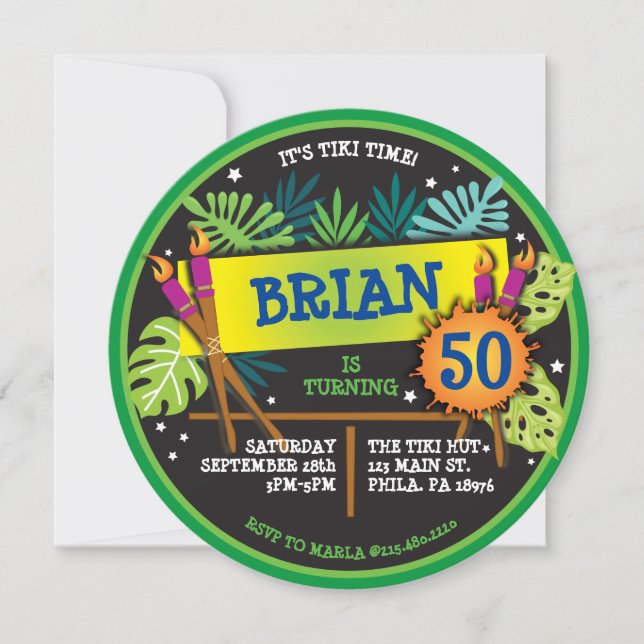 TIKI TIME LUAU Födelsedagsfest inbjudan (Framsida)