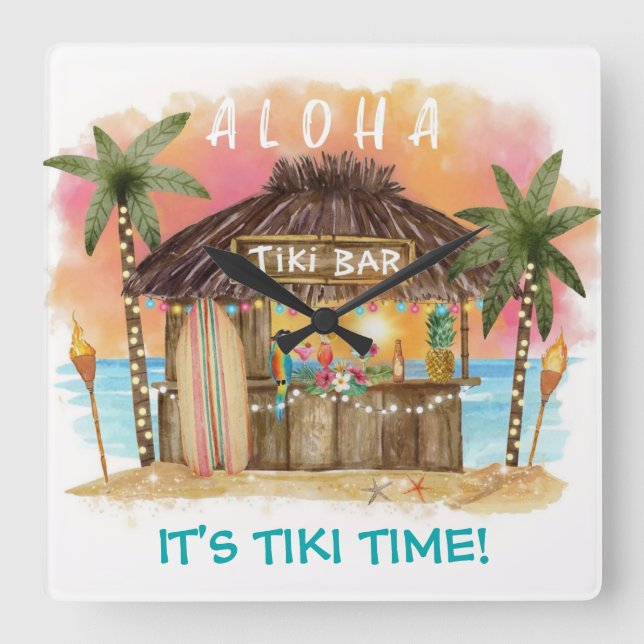 Tiki Time Tropical Beach Pub Surfa & Sea Fyrkantig Klocka (Framsida)