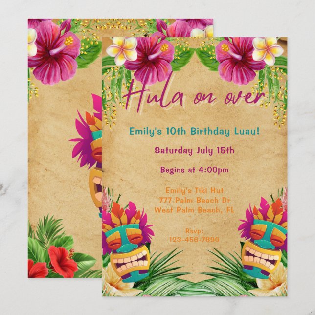 Tiki Tropical Hawaiian Luau Hula på födelsedagen Inbjudningar (Fram/baksida)