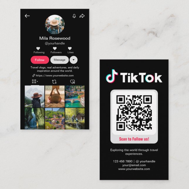 Tiktok Profilbild Grid Följ mig QR-kod Svart Visitkort (Fram/baksida)