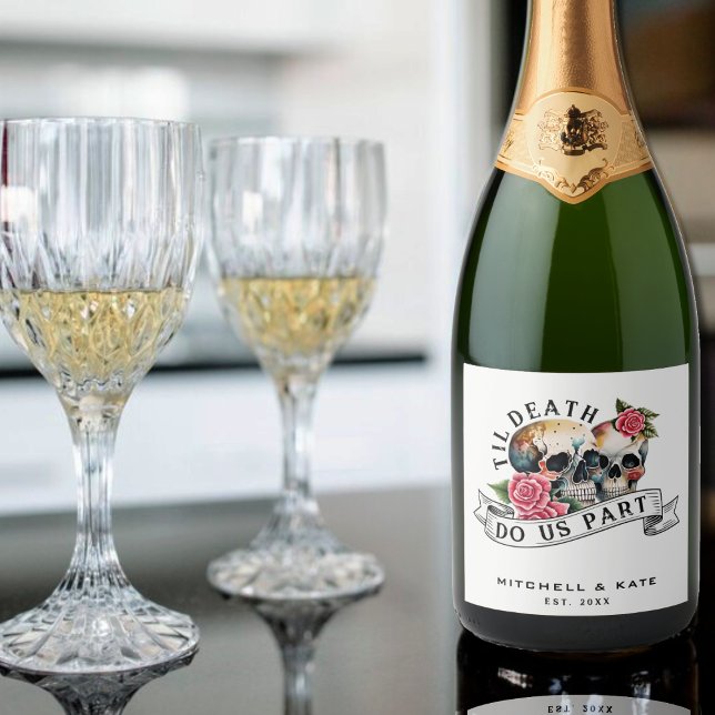 Til Death do oss part Döskallar & Ro White Bröllop (Til Death Do Us Part Skulls & Roses White Wedding Sparkling Wine Label)
