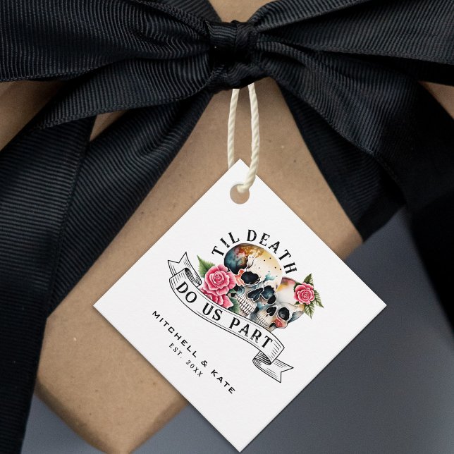 Til Death do oss part Döskallar & Ro White Bröllop Gåvor Etiketter (Til Death Do Us Part Skulls & Roses White Wedding Favor Tags)