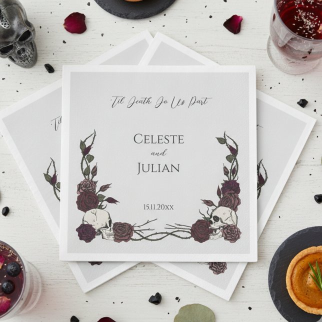 Til Death Do Us Part Gothic Skull & Rose Wedding Pappersservett (Til Death Gothic Wedding Napkins for Hallowedding or Gothic Party for Her. Dramatic Skull and Roses)