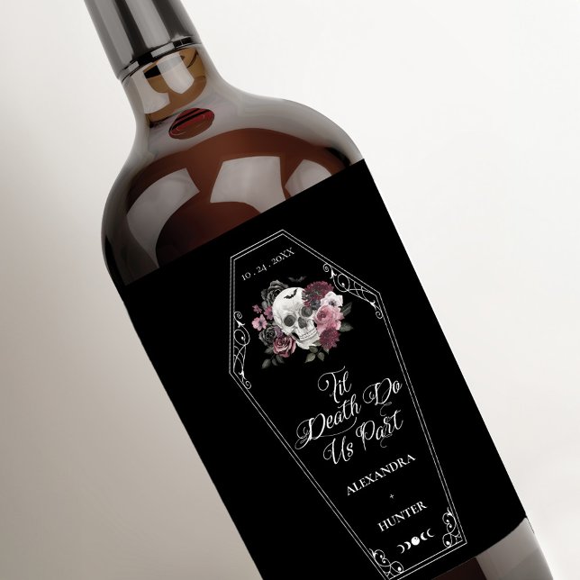 Til Death Do Us Part Halloween Gothic Blommigt Sku Vinflaska Etikett (Til Death Do Us Part Halloween Gothic Floral Skull Wine Label)