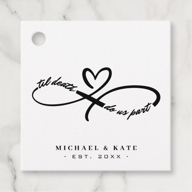 Til Death do us part Infinity Symbol Heart Bröllop Gåvor Etiketter (Framsida)