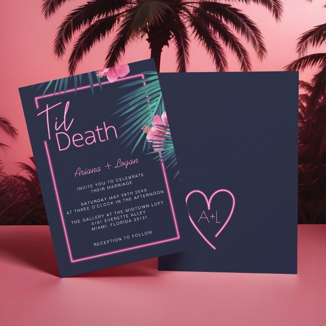 Til Death Do US Part Neon Rosa Tropical Bröllop Inbjudningar (Til Death Do Us Part Neon Pink Tropical Wedding Invitation)