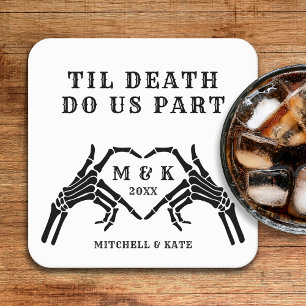 Til Death do us Part Skeleton Heart Hand Bröllop Underlägg Papper Kvadrat