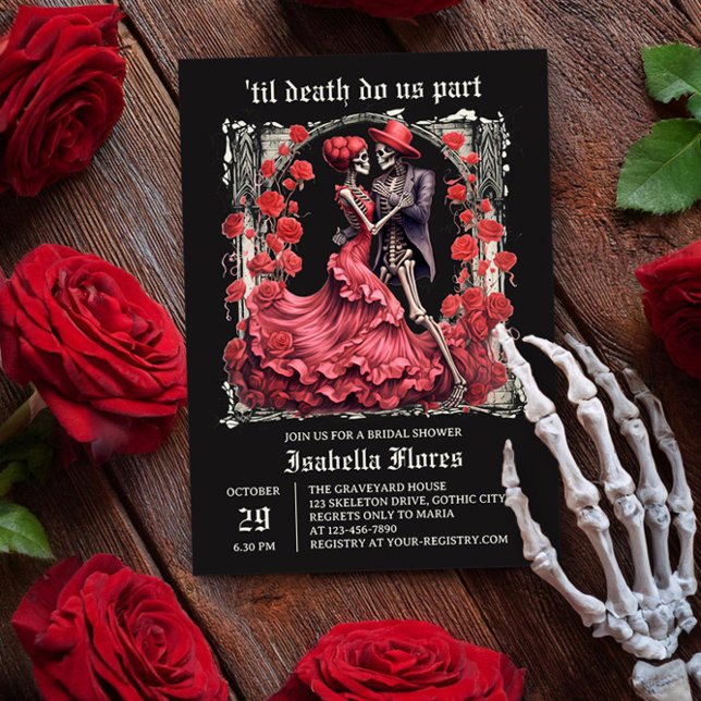 Til Death do us Part Skeleton lite Möhippa Inbjudningar (Til Death Do Us Part romantic skeleton couple Bridal Shower Invitation by Darling & May)