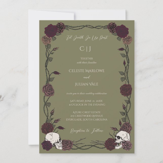 Til Death Olive Green Gothic Rose Wedding Inbjudningar (Framsida)