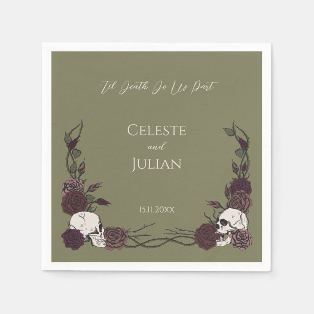 Til Death Olive Green Gothic Skull & Rose Wedding Pappersservett (Framsidan)