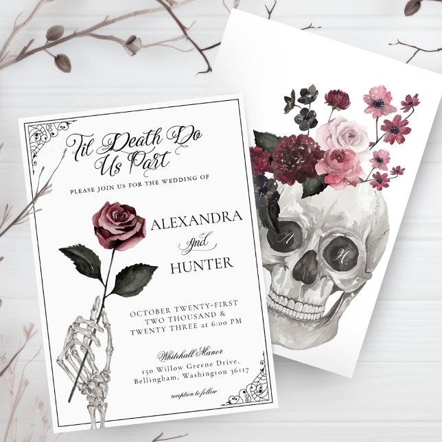 Til Death Watercolor Skeleton Ro Gothic Bröllop Inbjudningar (Til Death Watercolor Skeleton Rose Gothic Wedding Invitation)