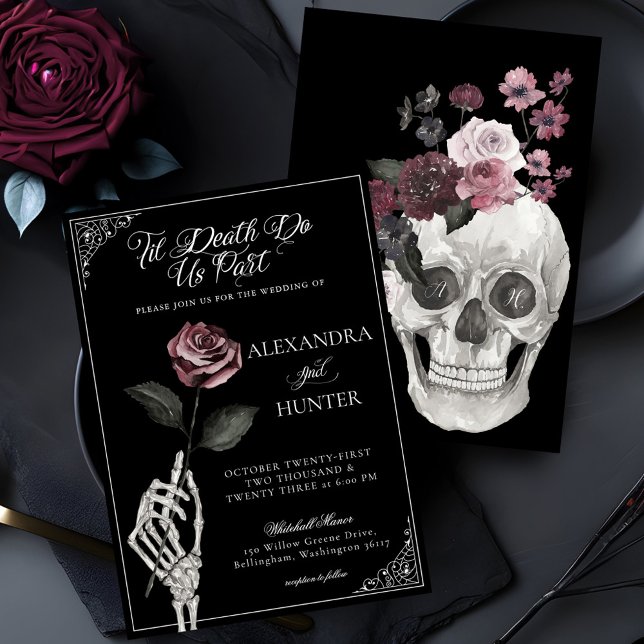 Til Death Watercolor Skeleton Ro Gothic Bröllop Inbjudningar (Til Death Watercolor Skeleton Rose Gothic Wedding Invitation)