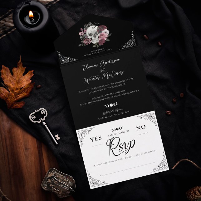 Til Death Watercolor Skull Ro Gothic Bröllop (Til Death Watercolor Skull Rose Gothic Wedding All In One Invitation)
