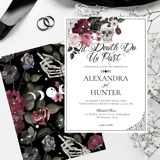 Til Death Watercolor Skull Ro Gothic Bröllop Inbjudningar (Til Death Watercolor Skull Rose Gothic Wedding Invitation)