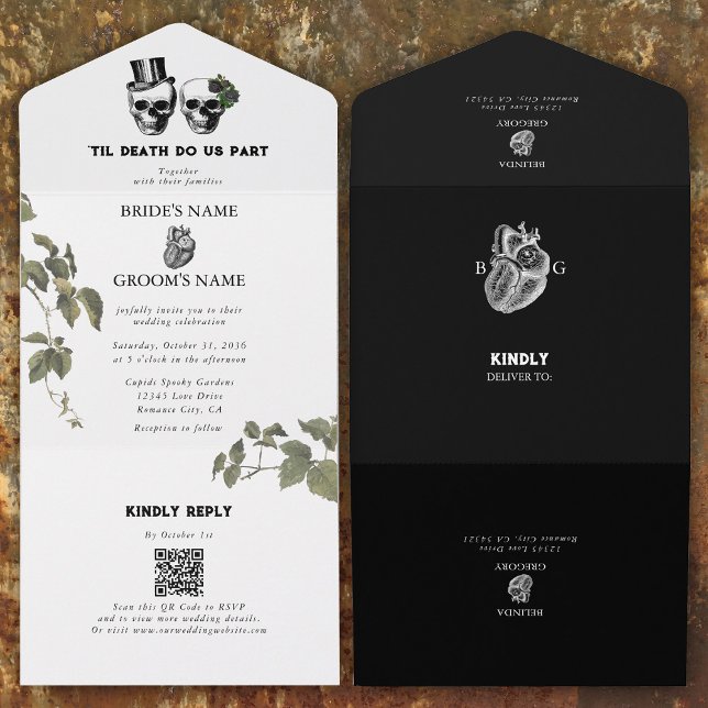 Til Död Gothic Heart Blommigt Döskallar Bröllop (Til Death Gothic Heart Floral Skulls Wedding All In One Invitation)