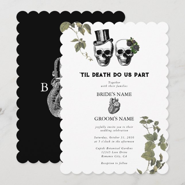Til Död Gothic Heart Blommigt Döskallar Bröllop Inbjudningar (Fram/baksida)