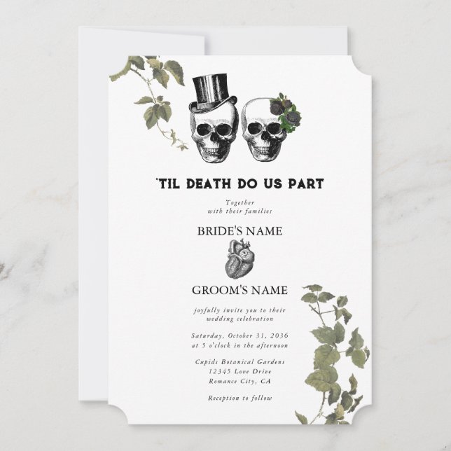 Til Död Gothic Heart Blommigt Döskallar Bröllop Inbjudningar (Framsida)