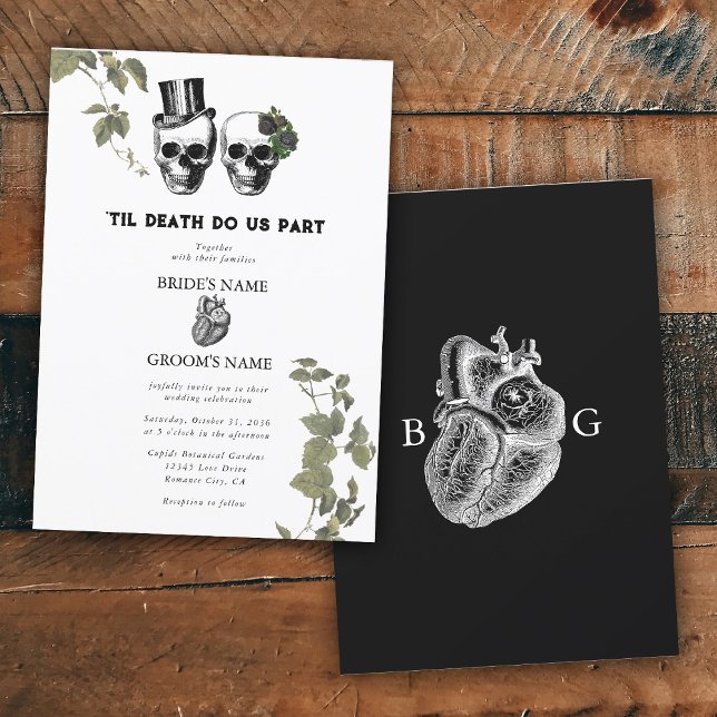 Til Död Gothic Heart Blommigt Döskallar Bröllop Inbjudningar (Til Death Gothic Heart Floral Skulls Wedding Invitation)