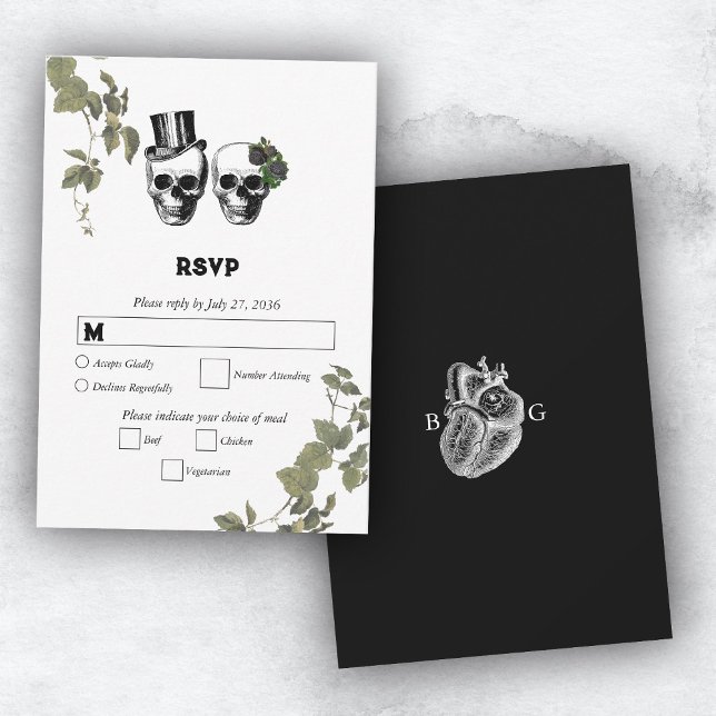 Til Död Gothic Heart Blommigt Döskallar Bröllop OSA Kort (Til Death Gothic Heart Floral Skulls Wedding RSVP Card)