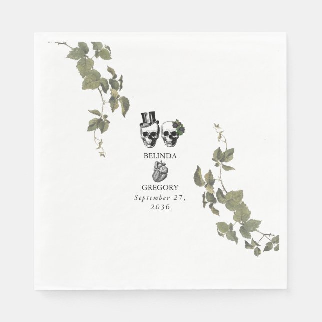 Til Död Gothic Heart Blommigt Döskallar Bröllop Pappersservett (Framsidan)