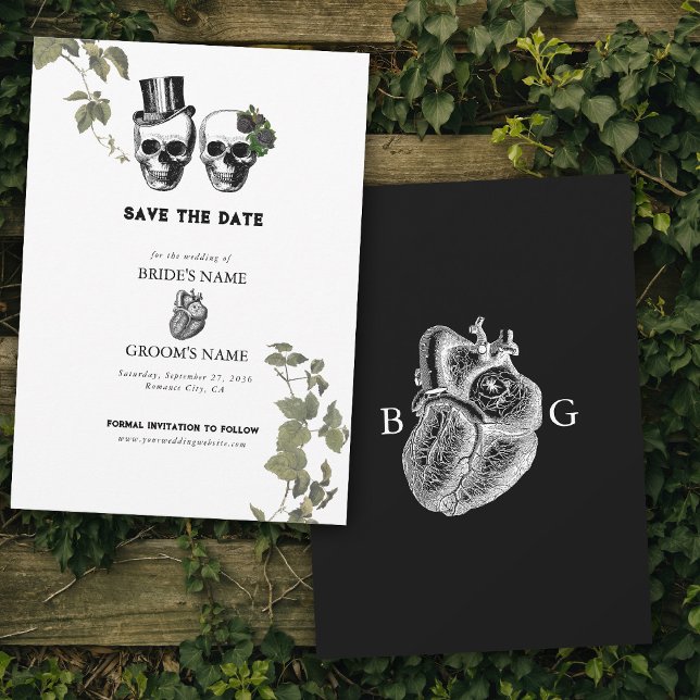 Til Död Gothic Heart Blommigt Döskallar Bröllop Spara Datumet (Til Death Gothic Heart Floral Skulls Wedding Save The Date)