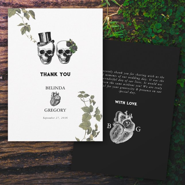 Til Död Gothic Heart Blommigt Döskallar Bröllop Tack Kort (Til Death Gothic Heart Floral Skulls Wedding Thank You Card)