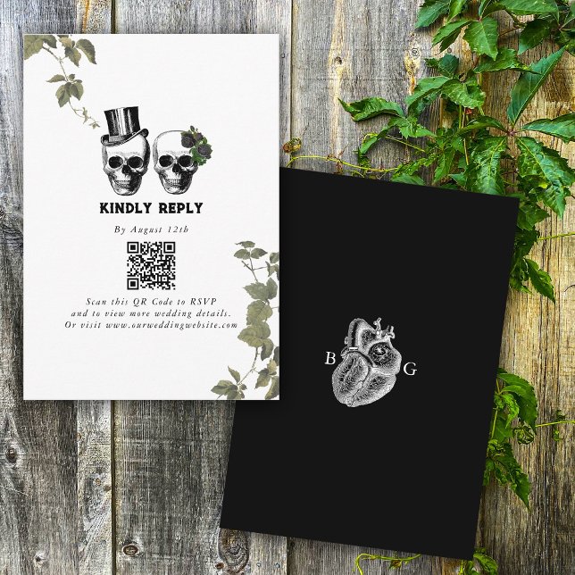 Til Död Gothic Heart Blommigt Döskallar Bröllop Tilläggskort (Til Death Gothic Heart Floral Skulls Wedding Enclosure Card)