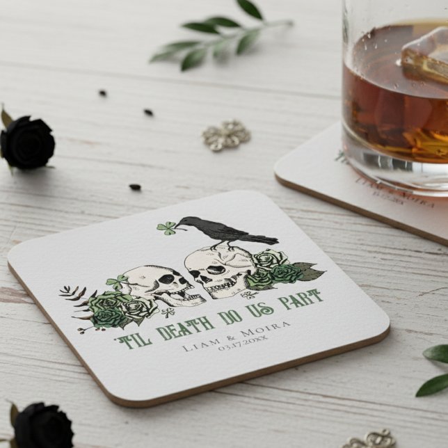 Til Döden Gothic St Patricks Day Blommig Dödskalle Underlägg Papper Kvadrat (St Patrick's Day Wedding Irish Coasters for Good Luck. Green Shamrock, Skull, Roses, Clover, Raven)