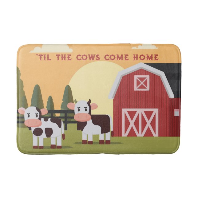 Til the Cows Come Home Two Cows Red Barn Sunrise Badrumsmatta (Framsidan)