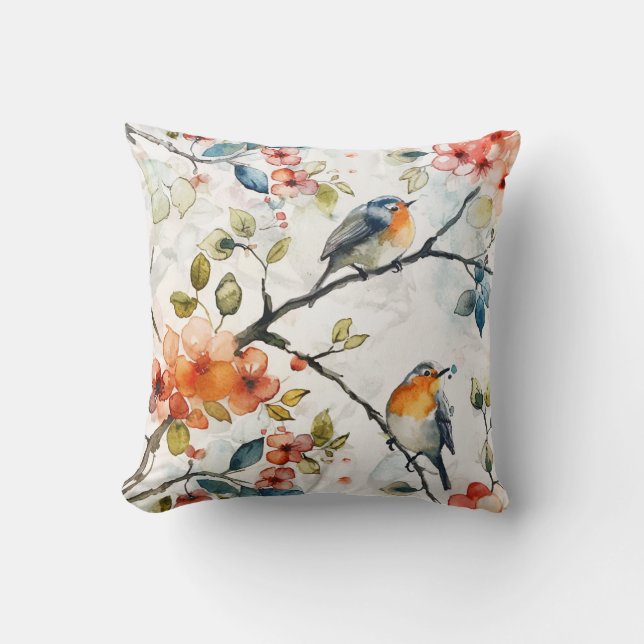 Tilda vattenfärgsfåglar Mönster Kudde (Framsida)