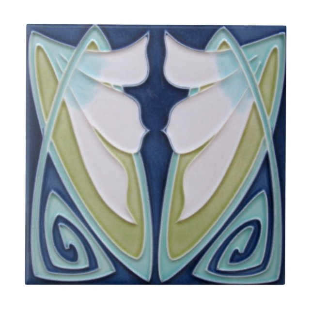 Tile - Art nouveau blå bakgrund, vita blommor Kakelplatta (Framsidan)