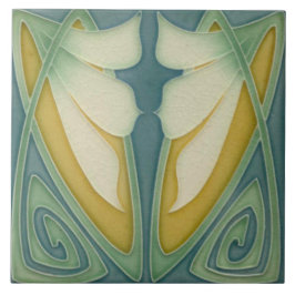Tile - Art nouveau Blue Background Ivory Flowers Kakelplatta