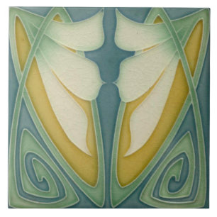 Tile - Art nouveau Blue Background Ivory Flowers Kakelplatta
