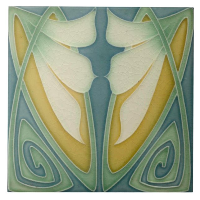 Tile - Art nouveau Blue Background Ivory Flowers Kakelplatta (Framsidan)