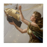 Tile: Boat in Hand, Dress of Wine and Green  Kakelplatta<br><div class="desc">This piece is special to me because it holds a story — not just of colour and form, but of meaning. The woman depicted, holding a golden boat in her hand, is not just a figure: she represents the strength of those who carry dreams, hopes, and silent journeys across the...</div>
