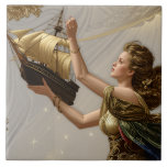 Tile: Boat in Hand, Dress of Wine and Green  Kakelplatta<br><div class="desc">This piece is special to me because it holds a story — not just of colour and form, but of meaning. The woman depicted, holding a golden boat in her hand, is not just a figure: she represents the strength of those who carry dreams, hopes, and silent journeys across the...</div>