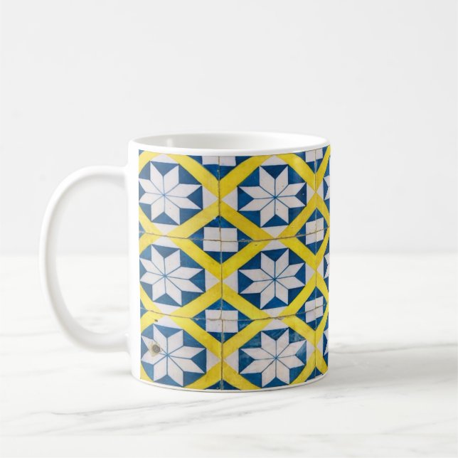 Tile Mosaic Flower Mönster Gult Blue Kaffemugg (Vänster)