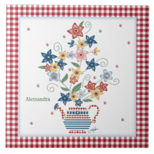 Tile Stencil Blommigt Red Gingham Personlig Kakelplatta