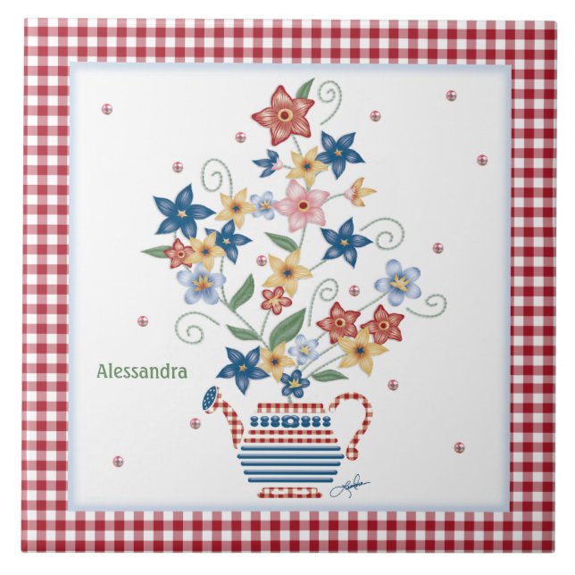 Tile Stencil Blommigt Red Gingham Personlig Kakelplatta (Framsidan)