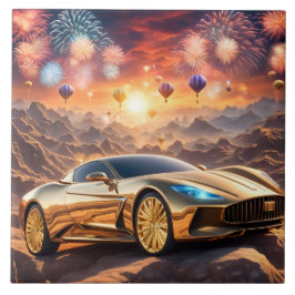 tile with a golden luxury car in desert landscape kakelplatta