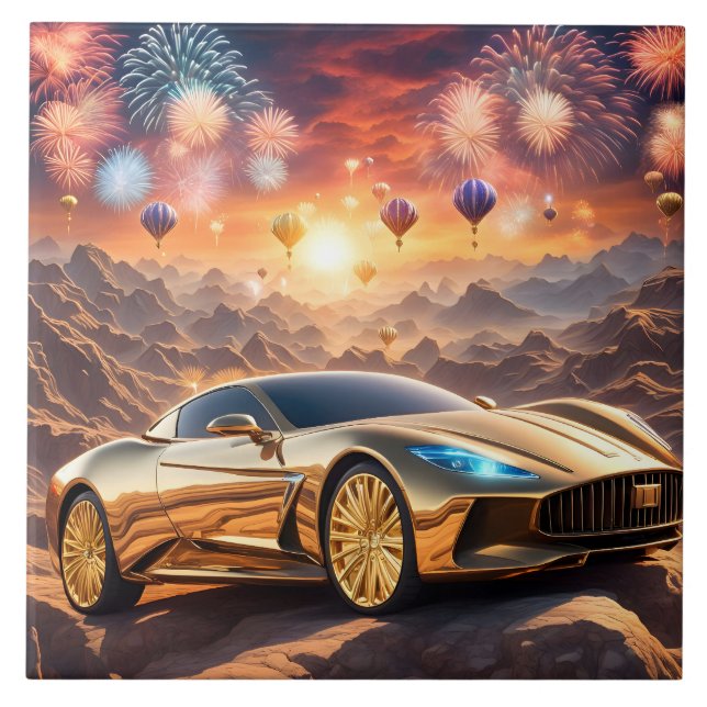 tile with a golden luxury car in desert landscape kakelplatta (Framsidan)