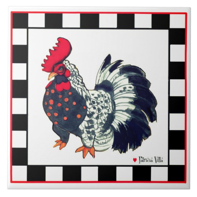 Tile with rooster art black white checks kakelplatta (Framsidan)