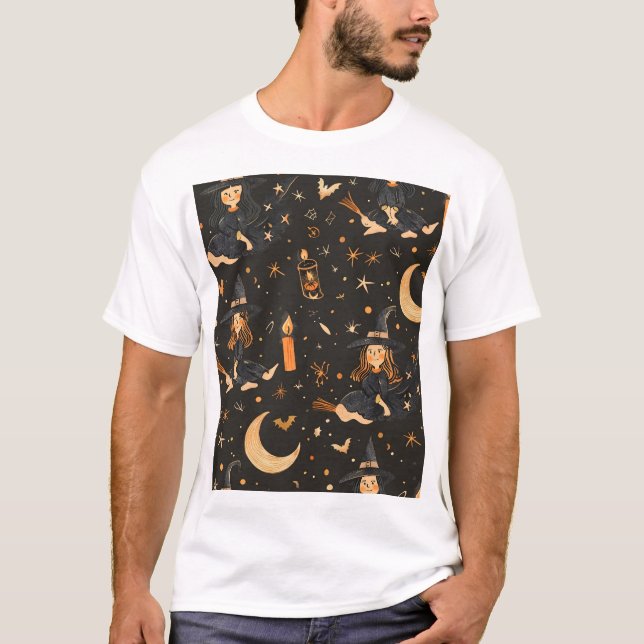 Tiled Cute Witch Mönster T Shirt (Framsida)