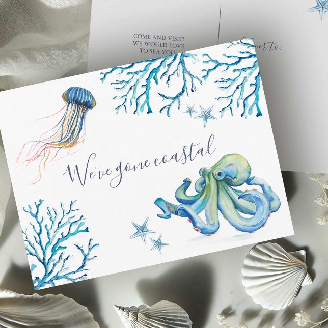 Till Beach New Home Flytta Notification Postcard Vykort (Beach moving announcement postcards watercolor Blue sea art by Victoria Grigaliunas Do Tell A Belle)